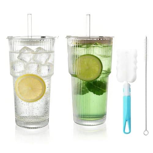 Ribbiga glasmuggar, 2 delar, glasmuggar, dricksglas, longdrink-glas, randigt glas med lock och sugrör, 600 ml smoothie-kopp, glasmugg, med rengöringsborste, för juice, te, te (lång