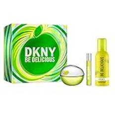DKNY Be Delicious Presentpaket för kvinnor - Eau de Parfum 100 ml, resestorlek 15 ml, duschmus 150 ml - fruktig blommig doft, lång livslängd