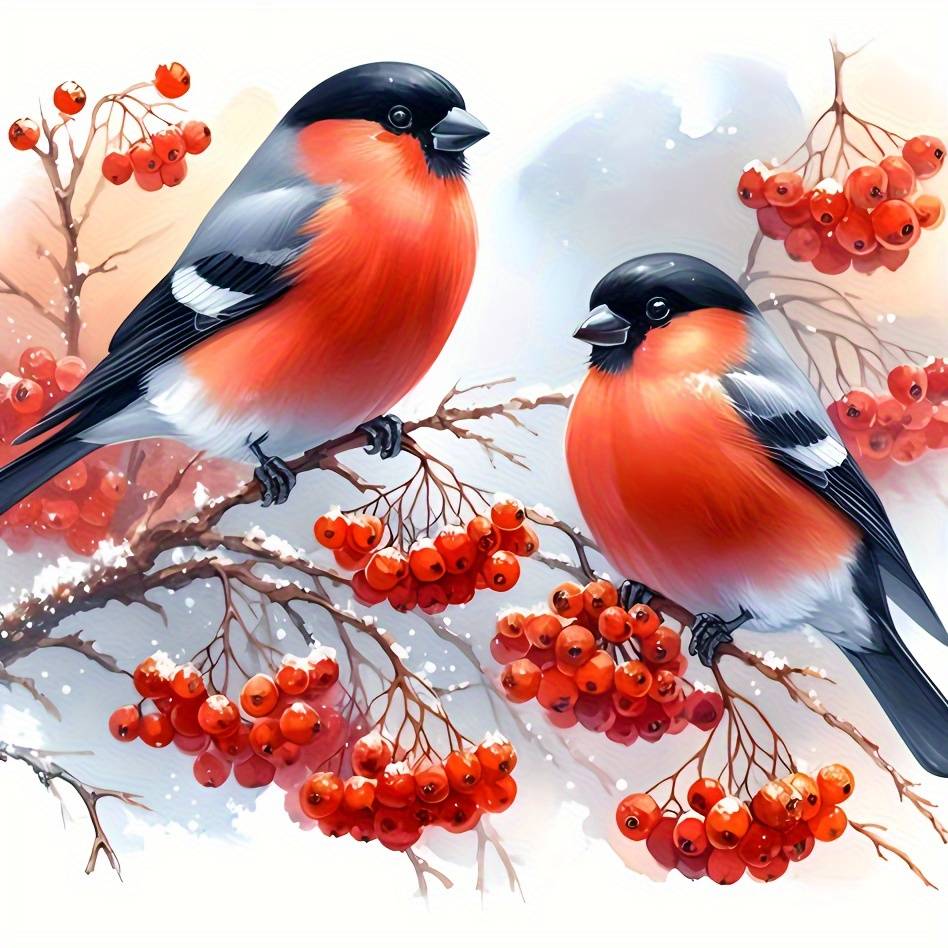 TEMU Unframed Diamond Painting Kit Featuring Twin Birds And Red Berries, 5d Round Mosaic Art With Artificial Diamonds, Perfect For Wall Decoration And Craft Projects