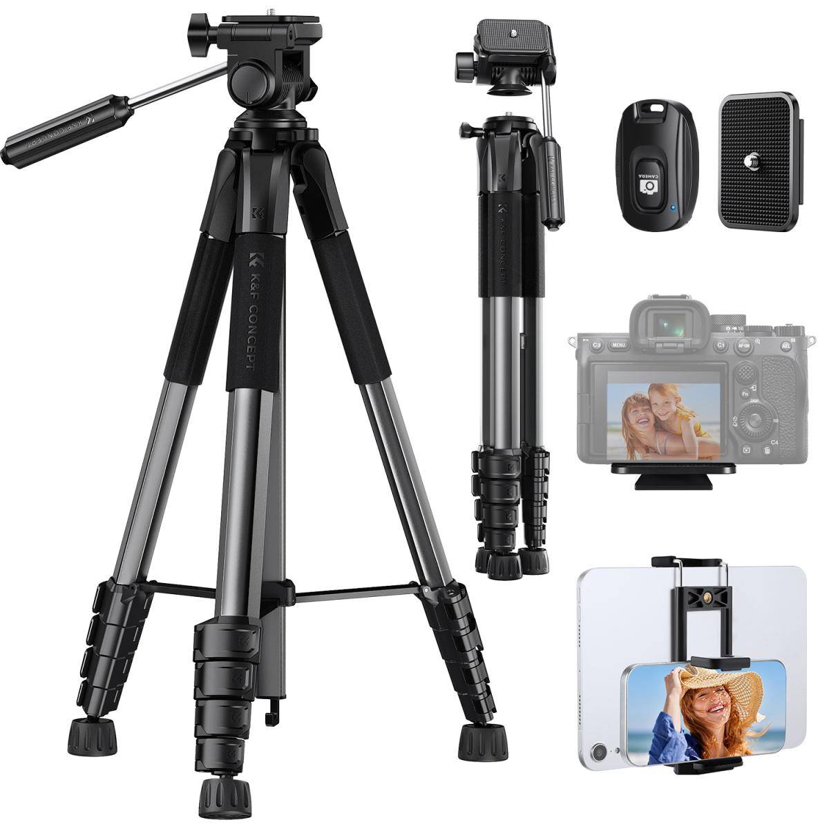 KENTFAITH 75" Camera Tripod Lightweight Portable Travel Outdoor DSLR Tripods for Camera Phone Video Recording Tripod Stand, Cellphone Clip for Smartphone Live Streaming Vlog (black+dark grey, 75'')