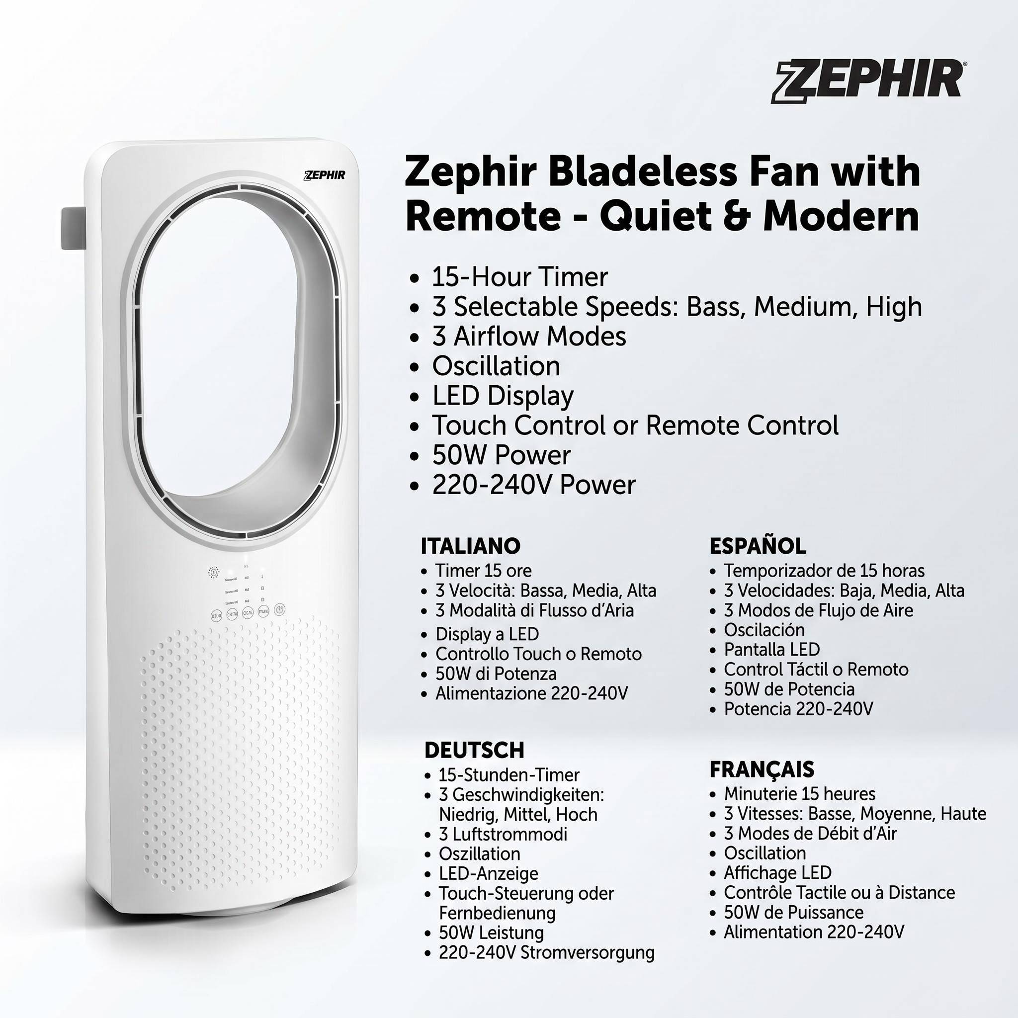 Zephir PH88BL Smart Bladeless Fan with Remote Control, 3 Speeds & 3 Air Modes, 15H Timer, LED Touch Screen, Ultra Quiet, Modern White, for Bedroom Living Room Office Home Cooling, Energy Efficient Air
