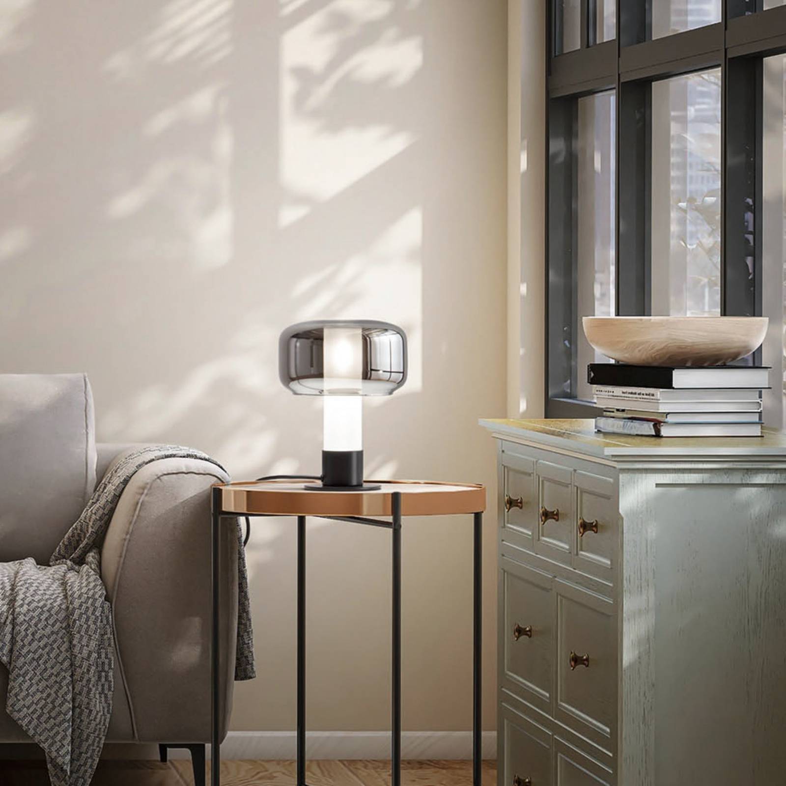 Fabas Luce LED bordslampa Flick, dimbar, Aluminium / grå / zink, Vardagsrum / matsal, Glas, Modern, LED-bordslampa