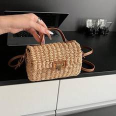 Retro Chic Handwoven Straw Tote Bag, Versatile For Travel, Beach, Casual Wear - Khaki