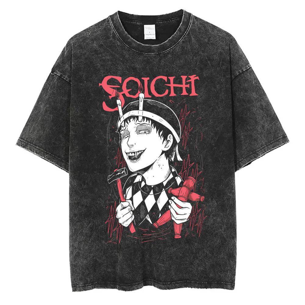 Anime Junji Ito Souichi Vintage Tvättad T-shirt Herr Dam Retro Manga Skräck T-shirts Unisex Casual Bomull Kortärmad T-shirts cm black
