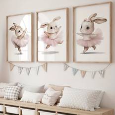 TEMU 3 Pieces Ballerina Bunny Poster Canvas Print - Woodland Bunny Wall Art For Living Room, Bedroom, Thanksgiving Day Gifts - No Frame Included