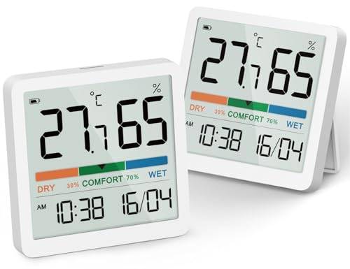 NOKLEAD Digital Thermometer Hygrometer-Innen Thermo Hygro Mini Raumthermometer Temperatursensor Feuchtigkeitsmesser mit Komfortanzeige ℃/℉ Umschaltbar,Datum 12/24Hr Uhr Kalibrierung,2 Stück
