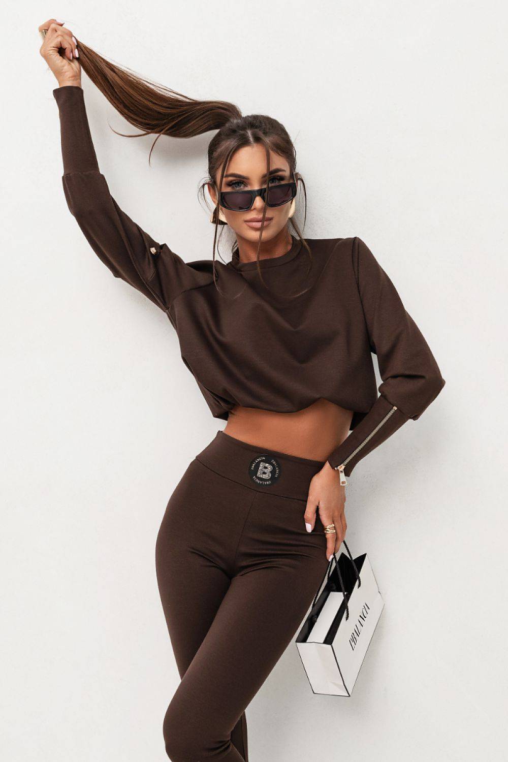 LaBalancia - Edgy Zip Detail Fitted Crop Top and Legging Set - Brown - M/L