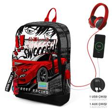 Coral High Kids Black Red Anime Car Patterned Four Compartment USB School Backpack 23847