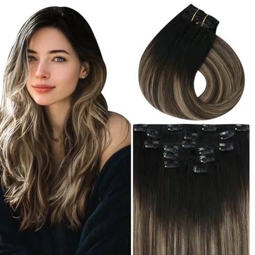 Vivien Balayage, clip on-hårförlängningar av mänskligt hår, brunt, 40 cm, klämma, hårförlängningar, 120 g, 7 st förlängningar, remy, människohår, #1B/4/18 ombre, svart till mörkbrun med jordgubbsblond
