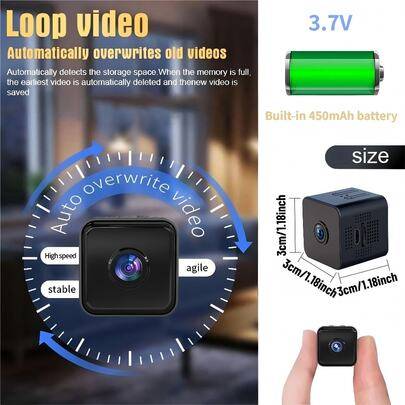 Mini fyrkantig kamera, hemövervakningskamera, bärbar dold kamera, 480P HD, infraröd nattseende, trådlös WiFi-kamera, inbyggd hotspot, loopinspelning, - Flerfärgad 02 (Svart 1 st)