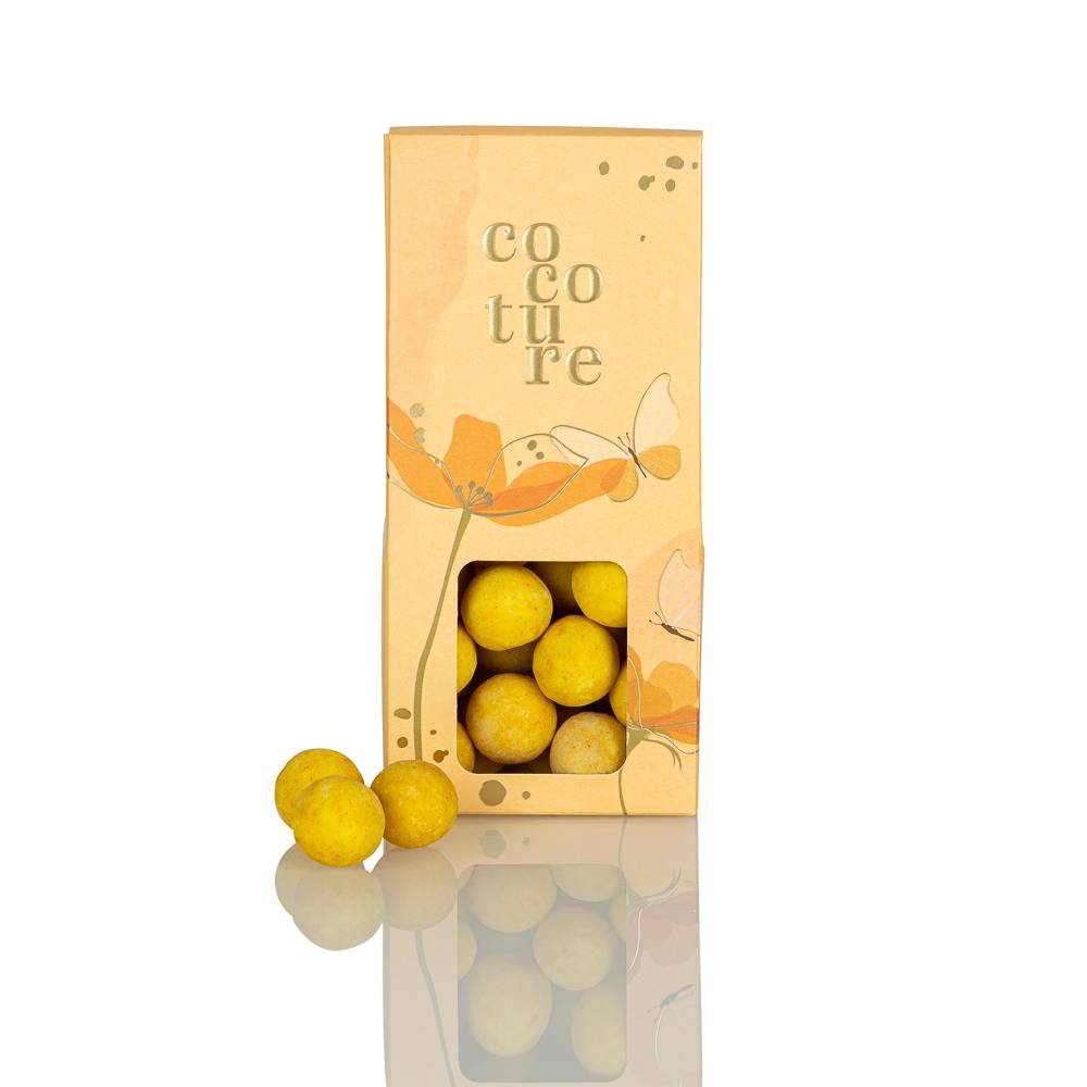 Cocoture æske med hvide chokoladekugler med flydende exotic fruitcreme - 95-100g