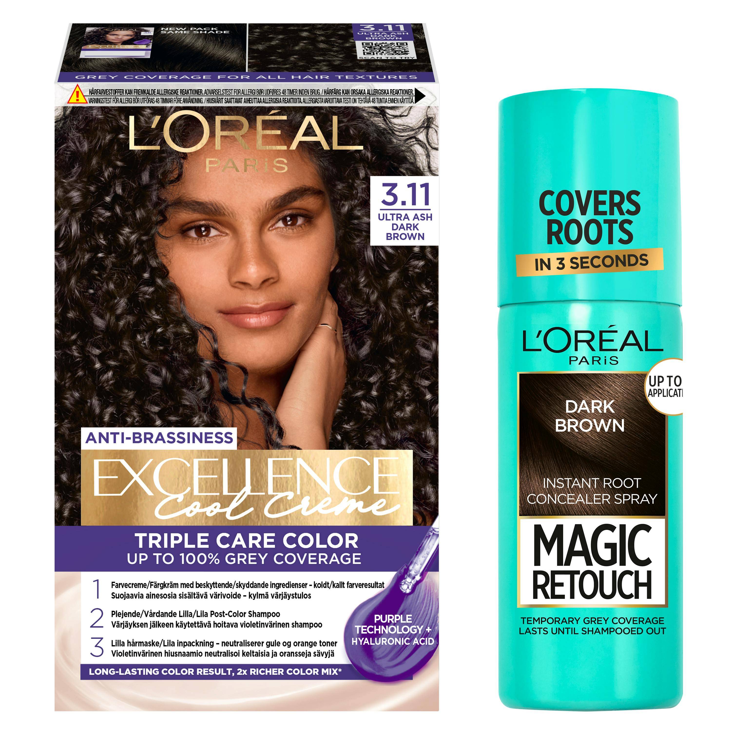 L'Oréal Paris Excellence Creme Hair Color 3.11 Ultra Ash Dark Brown & Magic Retouch Dark Brown Instant Root Concealer Spray 1 pcs + 75 ml