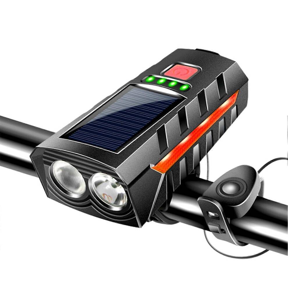 (Black and Red) Rechargeable Solar Bike Light with 130dB Bell, Ultra Bright 1000LM Bicycle Headlight for Mountain/Road Bikes