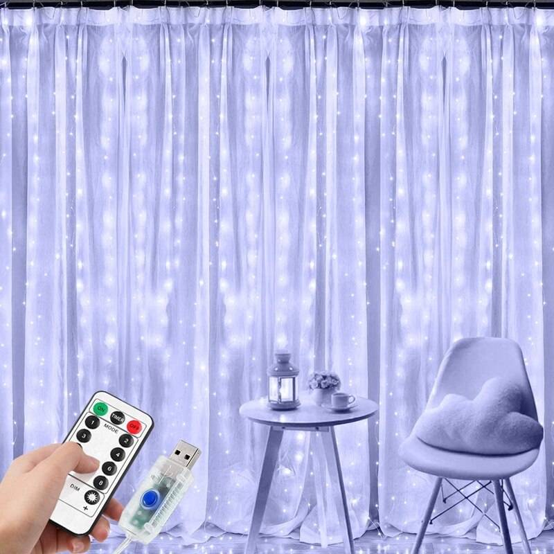 3m led fairy lights girland gardin lampa fjärrkontroll usb string lampor för året julfest trädgård hem bröllop inredning - Vit / Ingen krok / 3 mx 2m-200 lysdioder