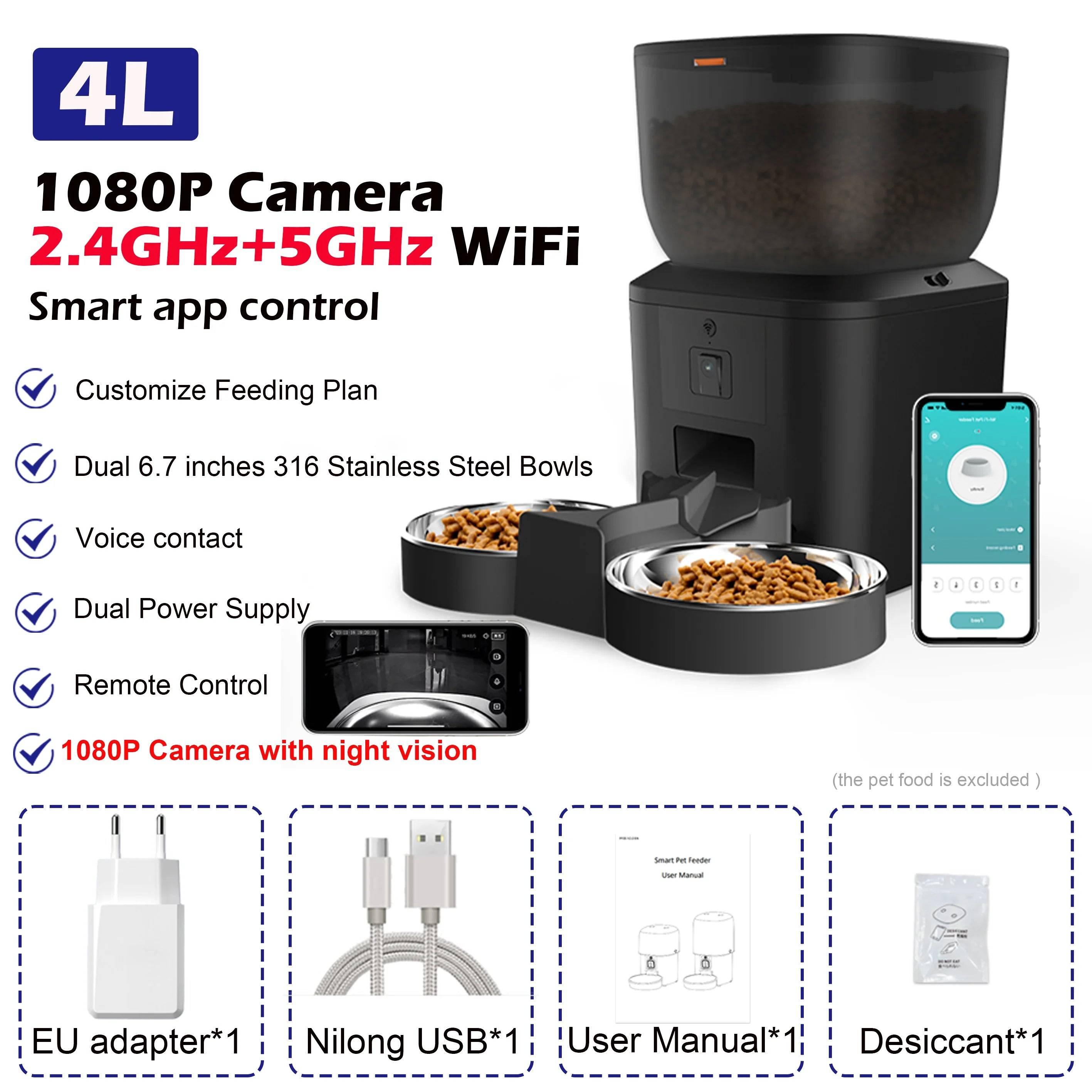 Automatic Pet Feeder with 1080p Camera, Voice Recorder & Remote Control - 2.4GHz 5GHz Bowls x2