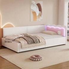 Dagbädd, dagbädd, bäddsoffa, 90*200 cm, LED-stämningsbelysning med fjärrkontroll, säng med ribbotten (utan madrass), imiterad fleece, vit - Vit + Sammet + 90 cm * 200 cm (90*200)