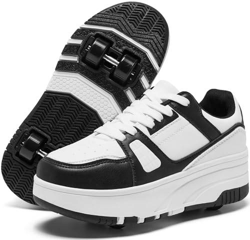 ANEFUN Rullskridskor för barn, flickor, pojkar, avtagbara modesneakers med hjul, Svart-vit 1135, 19.5 EU