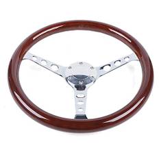 OBLLER Bil träratt, retro racing ratt, 380 mm 15 tum 6 hål universell ratt retro mahogny trähandtag rostfritt stål ekrar med hornskyddskabel, 3 ekrar sportratt