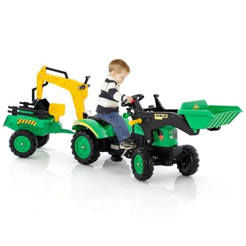 COSTWAY Trettraktor, barntraktor med avtagbar släpvagn och grävspade, grävmaskinslastare kan belastas upp till 35 kg, sittgrävmaskin för barn från 3 år (grön)