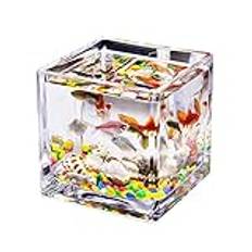Fiskskål, Akvarium, Skrivbord Fyrkantig Transparent Glas Mini Office Hushållsvatten Grästank Betta Fisk Prydnadsfisk Liten