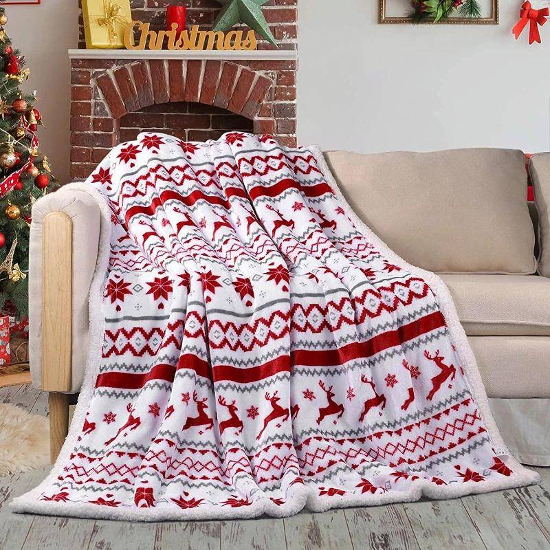 Tjockt Älg 3D-printad Flanellduk God Jul Pläd Mjuk Varm Dubbellager Fluffig Snöflinga Filt black