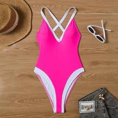Sexy Backless Plunge V-Neck One-Piece Swimsuit Women, Slimming Strap Cover Belly For Spa Resort Swimming - Hot Pink - L,M,S