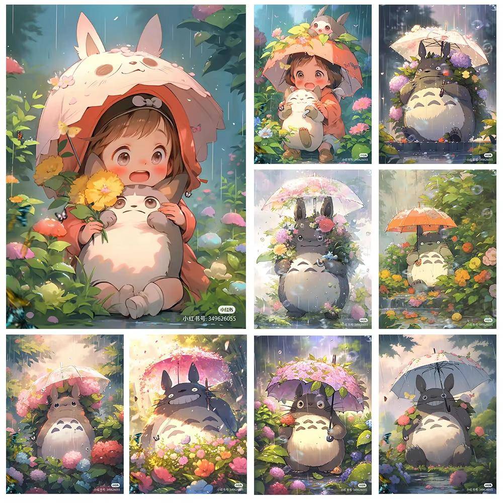Japansk Anime Diamantmålning, Hayao Miyazaki Totoro med Diamantbroderi, Flicka Blomma Handgjord DIY Mosaik Heminredning