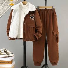 2st Tween Boys Casual Bear Patch Termisk fodrad lös jacka & fleecebyxa set - Kaffebrun (8Y,9Y,10Y,11Y,12Y)
