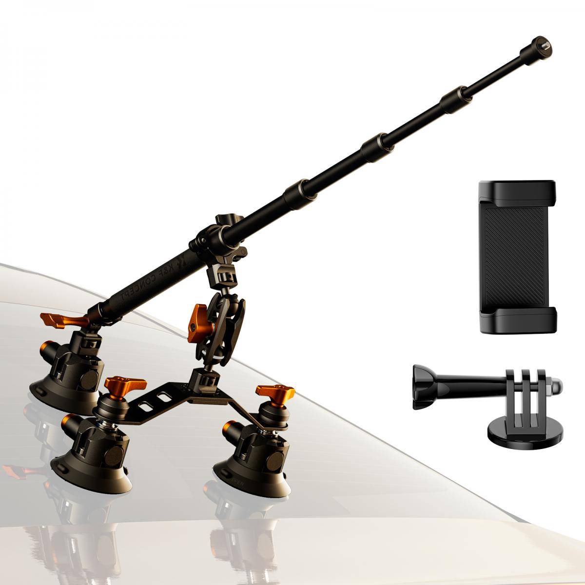 KENTFAITH Car Mount for Camera: 3 in 1 Suction Cup Mount Kit 15° Curved Surface Adjustment with Action Camera Extension Pole Adapter Phone Holder Compatible with GoPro Insta360 DJI OSMO K&F CONCEPT