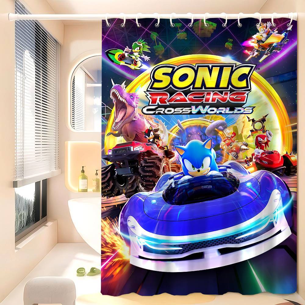 S-Sonic Racing Crossworlds Spel Duschdraperi Badrumsdraperi Tryckt Tyg Vattentäta Badrumsgardiner Krokar Badrumsskärm