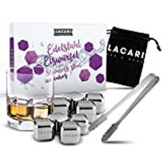 Lacari Home & Living LACARI Rostfritt stål iskuber set 8x] Återanvändbara iskuber för Gin, Whisky, Rum, Vin | Iskuber form inklusive tång och tygpåse | E-bok Present Whisky | Present Födelsedag