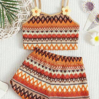 2-delat set för ung flicka med randig blomdekor, camisole och shorts, orange virkad stickad outfit för flickor - Multifärgad (6Y,7Y,4Y,5Y,3-4Y)