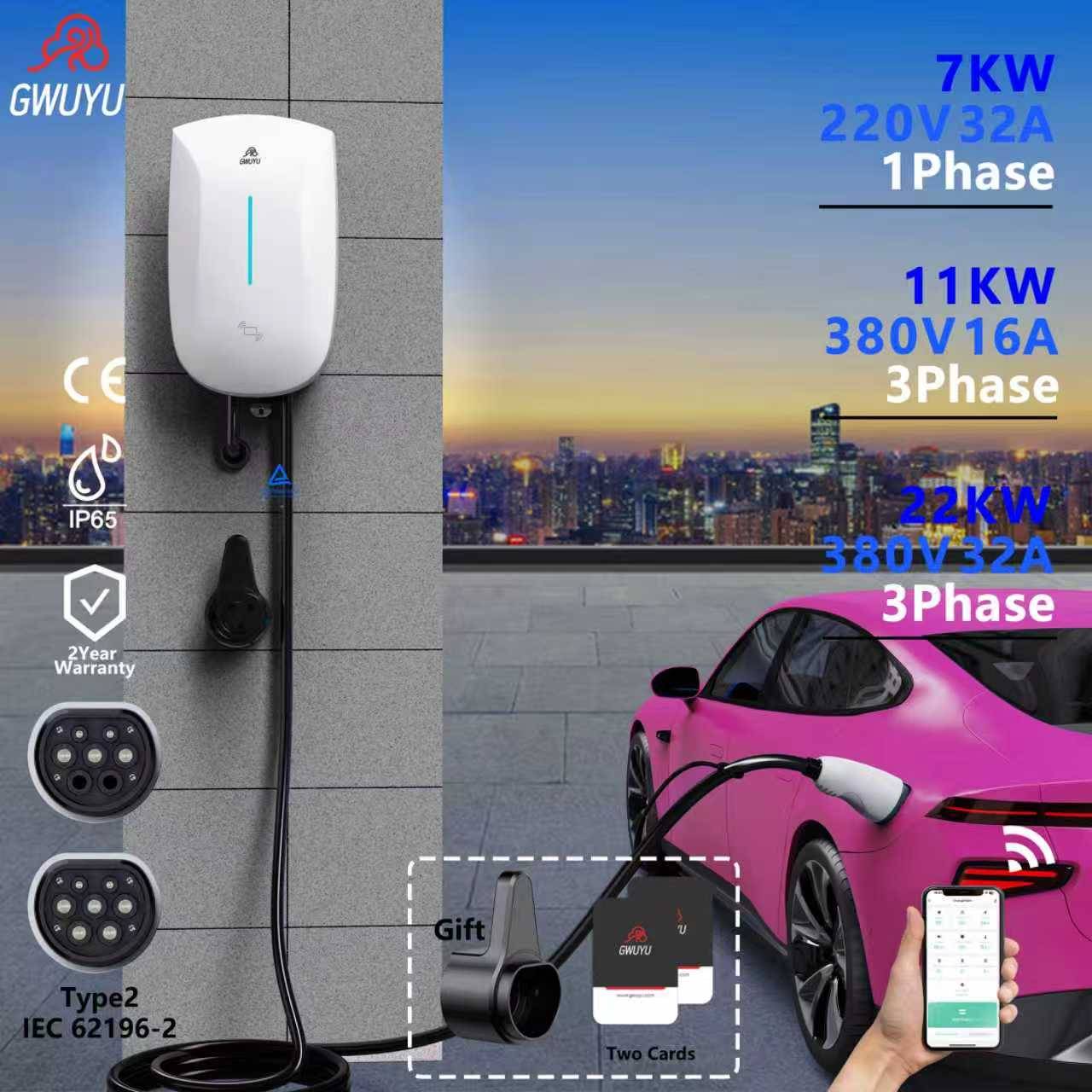 GWUYU 7KW/11KW/22KW EV Charging Station with CEE Plug Type2 IEC62196-2 3Phase Electric Car Charger EVSE Wallbox APP Control