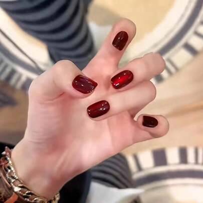 24 st. vinröda kristall kattögonfärgade fyrkantiga självhäftande lösnaglar, för damer, nagelkonst, lämpliga för fest och vardagsbruk, nageltillbehör, - Bourgogne