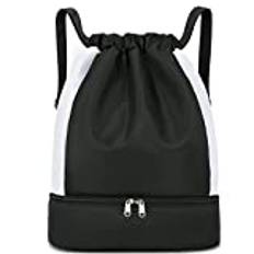 Keyck Gym Bag Drawstring Daypack, Vattentät Ryggsäck Med Skofack och Våtutrymme, Stor Sportväska för Kvinnor Män Tonåringar, Gympapåse Träningsväska för Sportresor Simning Fotboll, Svart