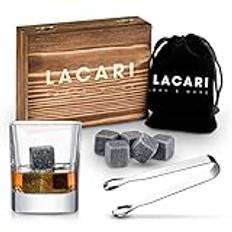 LACARI Whisky Stenar Set | [9x] Återanvändbara iskuber | Whisky Present Set med trälåda, tång och tygpåse | E-bok Present | Ingen utspädning för Whiskey, Rum, Gin | Födelsedagspresent