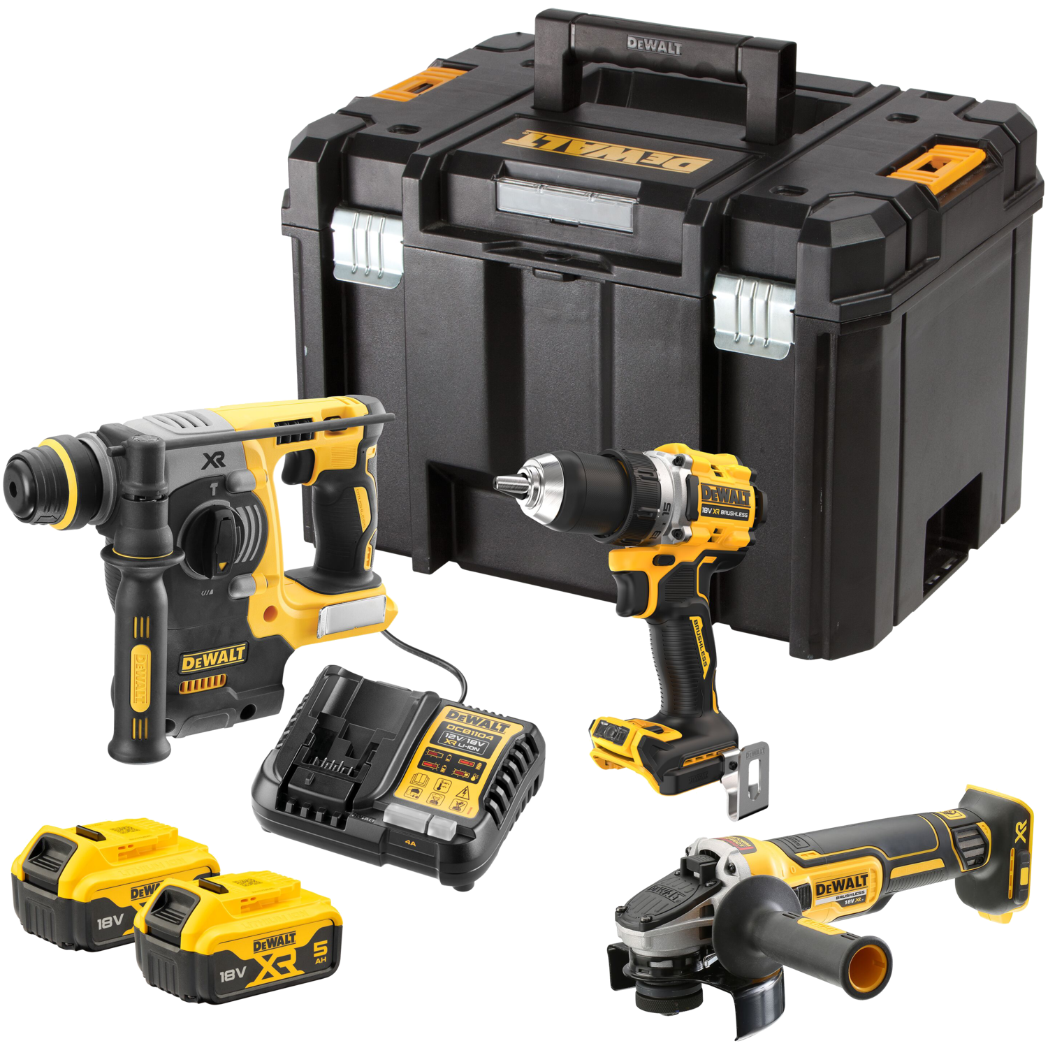 DeWALT DCK330P2T TSTAK bore/-skruemaskine/vinkelsliber/borehammer 2x5,0Ah batteri/lader