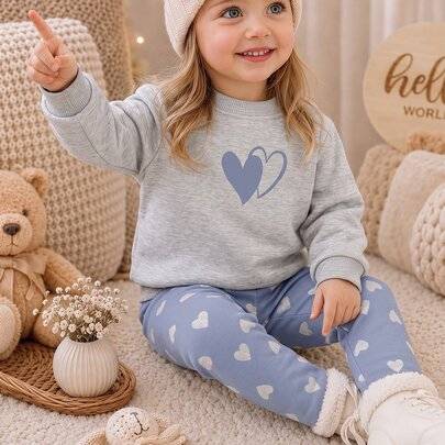 Grå Seagull Grey, sött hjärtmönster, avslappnad och bekväm sweatshirt med rund hals och lång ärm samt leggings för babyflicka, lämplig för dagligt bru - Multifärgad (6-9M,9-12M,12-18M,18-24M,2-3Y,3-6M)