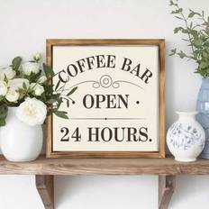 One Piece Rustic Wood Coffee Bar-skylt, 8x8 tum - "Open 24 Hours" Vardagsrum, kök, kontorsväggdekor - idealisk julklapp, heminredning, dekorationer - Multifärgad