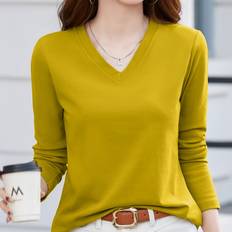 TEMU Solid Color V Neck T-shirt, Essential Long Sleeve Slim Top For Spring & Fall, Women's Clothing