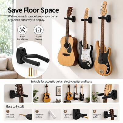 1 st svart väggfäste för gitarr – hållbar järnkonstruktion, häng upp akustiska och elektriska gitarrer samt ukuleler säkert – perfekt förvaringslösnin (1 st,6 st,4 st,10 st,3-delars)
