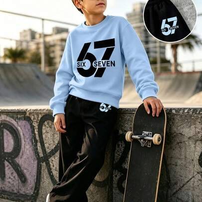 Set för tween-pojkar med lekfullt roligt nummer "67" karaktärsmönster, sweatshirt med rund hals + byxor, nytt bekvämt set för höst/vinter - Multifärgad (6Y,7Y,8Y,9Y,10Y,4Y,5Y,11Y,12Y)