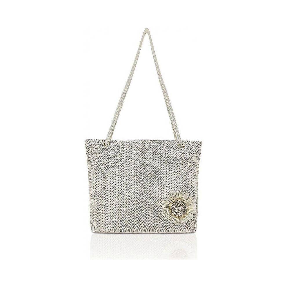 Straw Beach Bag for Women, Large Capacity Straw Bag Summer Woven Bag with Flower and Snap(White)