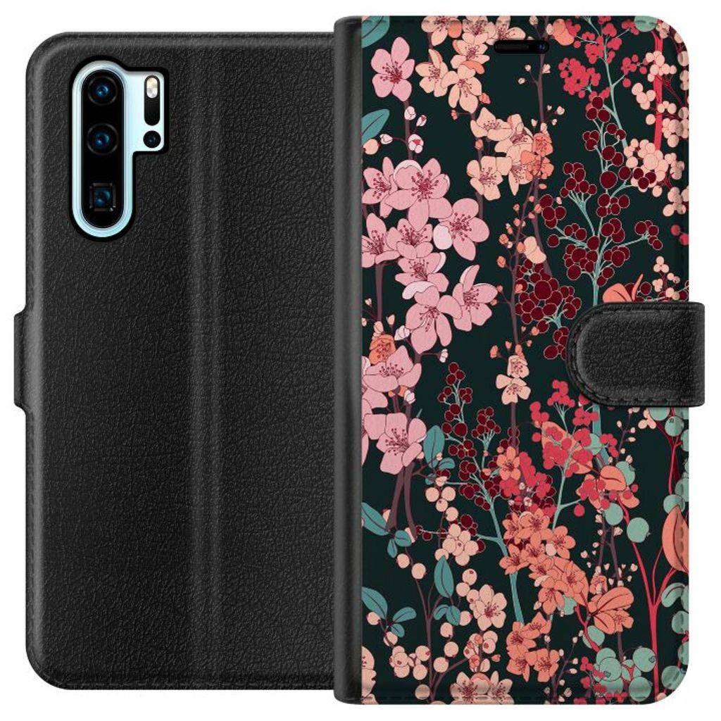 Huawei P30 Pro Svart Plånboksfodral Blommor