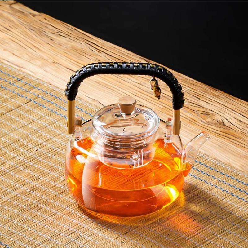 Glass Tea Pot With Weave Handle Chinese Heat-resistant Glass Teapot Transparent Steaming Tea Glass Kettle Tea Set