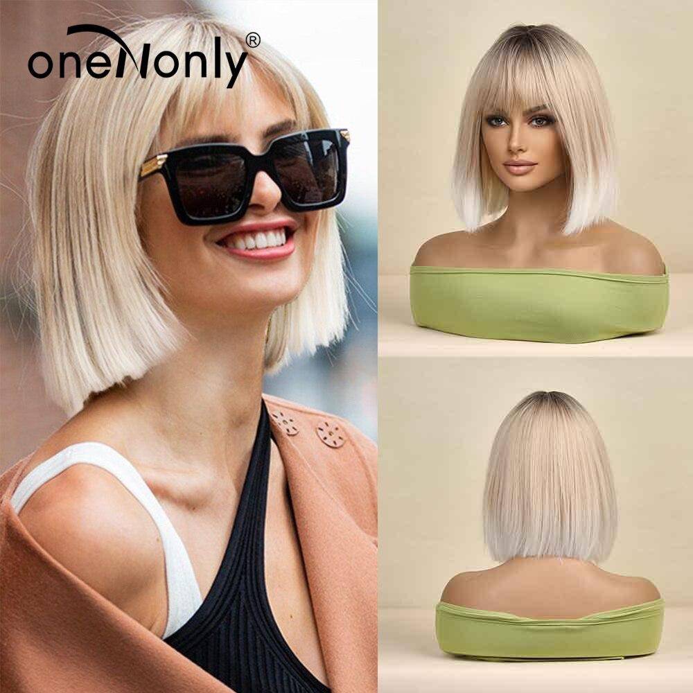 Syntetisk peruk Bob vit blond peruk naturliga peruker för kvinnor Daglig fest Halloween hår värmebeständig fiber gray
