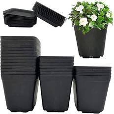 KAHEIGN 24 st fyrkantiga växtkrukor, 7 cm tjocka plastblomkrukor suckulent planterare barnkammare krukor med pall/brickor för små krukväxter (svart)