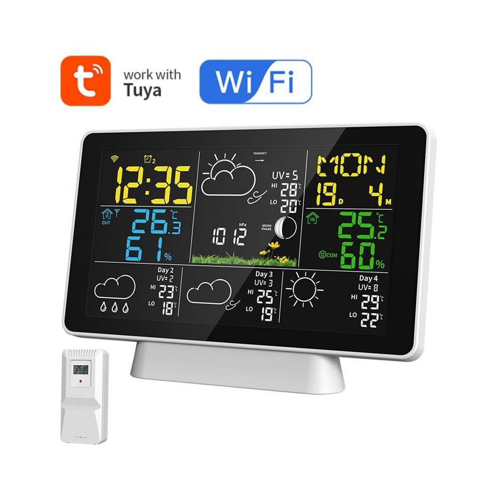 Tuya WIFI Weather Station 7.5Inch Display Thermometer Hygrometer Indoor Outdoor Rain/Wind Gauge Weather Forecast US Plug