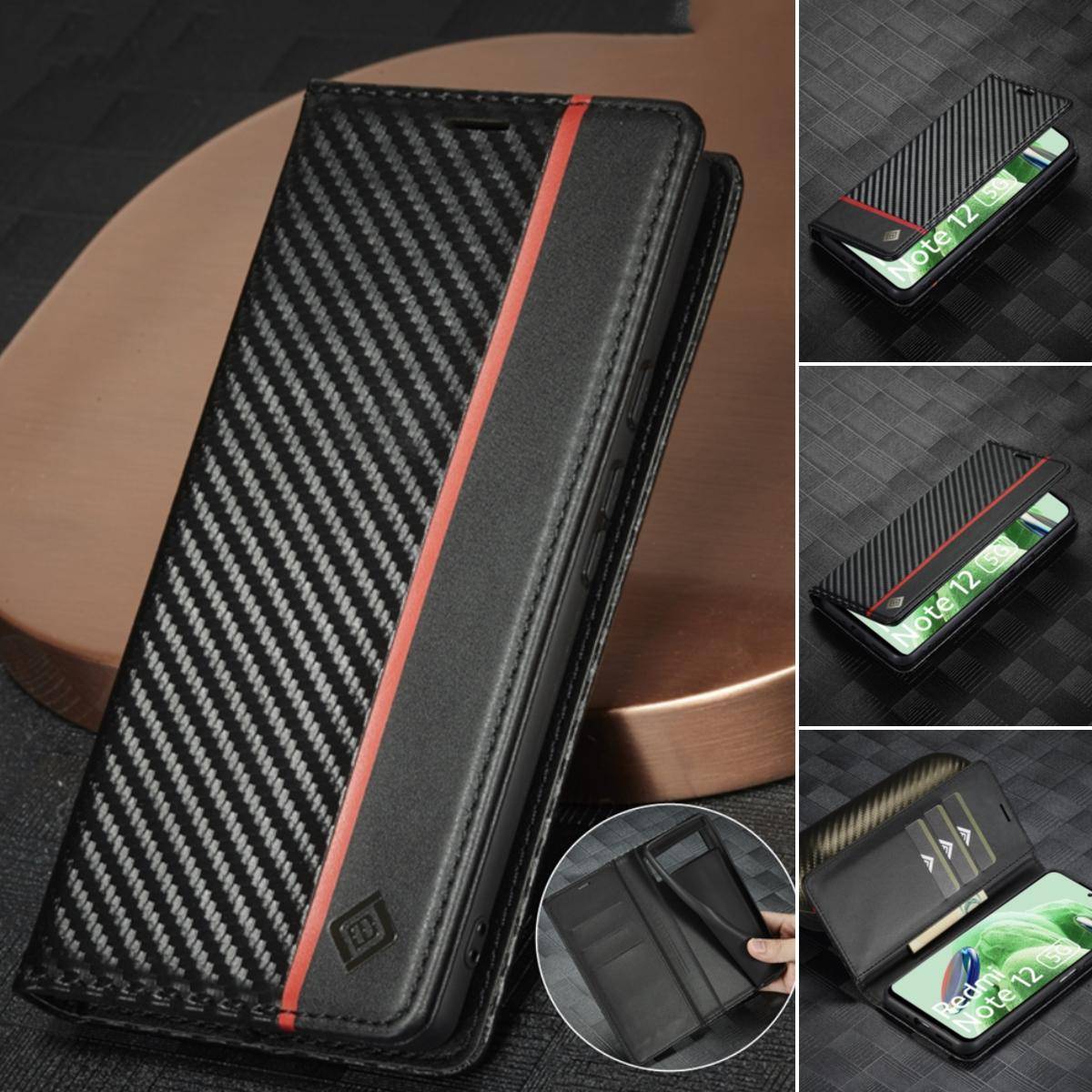 Läderfodral i kolfiber till Xiaomi 13T 12T 11T 11 Lite 5G Mi Poco X5 X4 Pro X3 Flip Cover Redmi Note 13 12S 11S 11 Pro plånbok