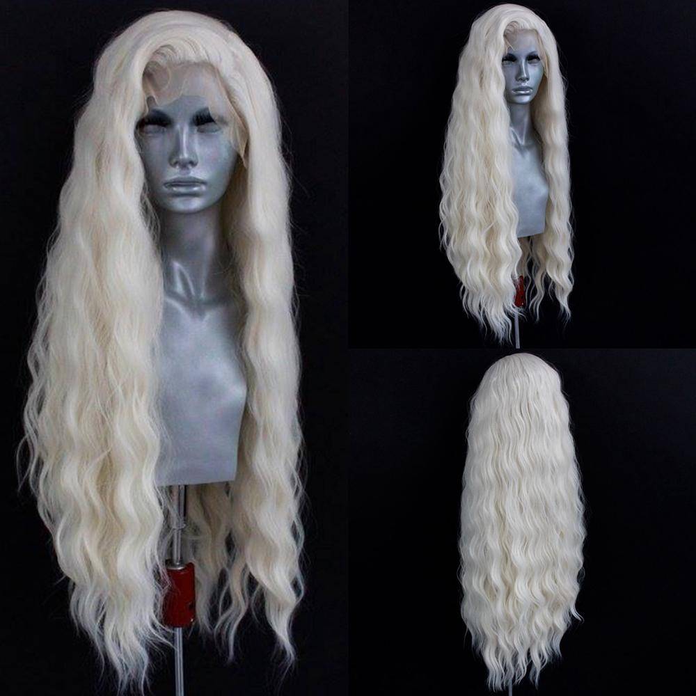 Platinablond Vågig Peruk Syntetiska Spetsfrontsperuker För Kvinnor Lång Naturlig Våg Spetshår Vit Svart Rosa Peruk Lös Lock Cosplay gray
